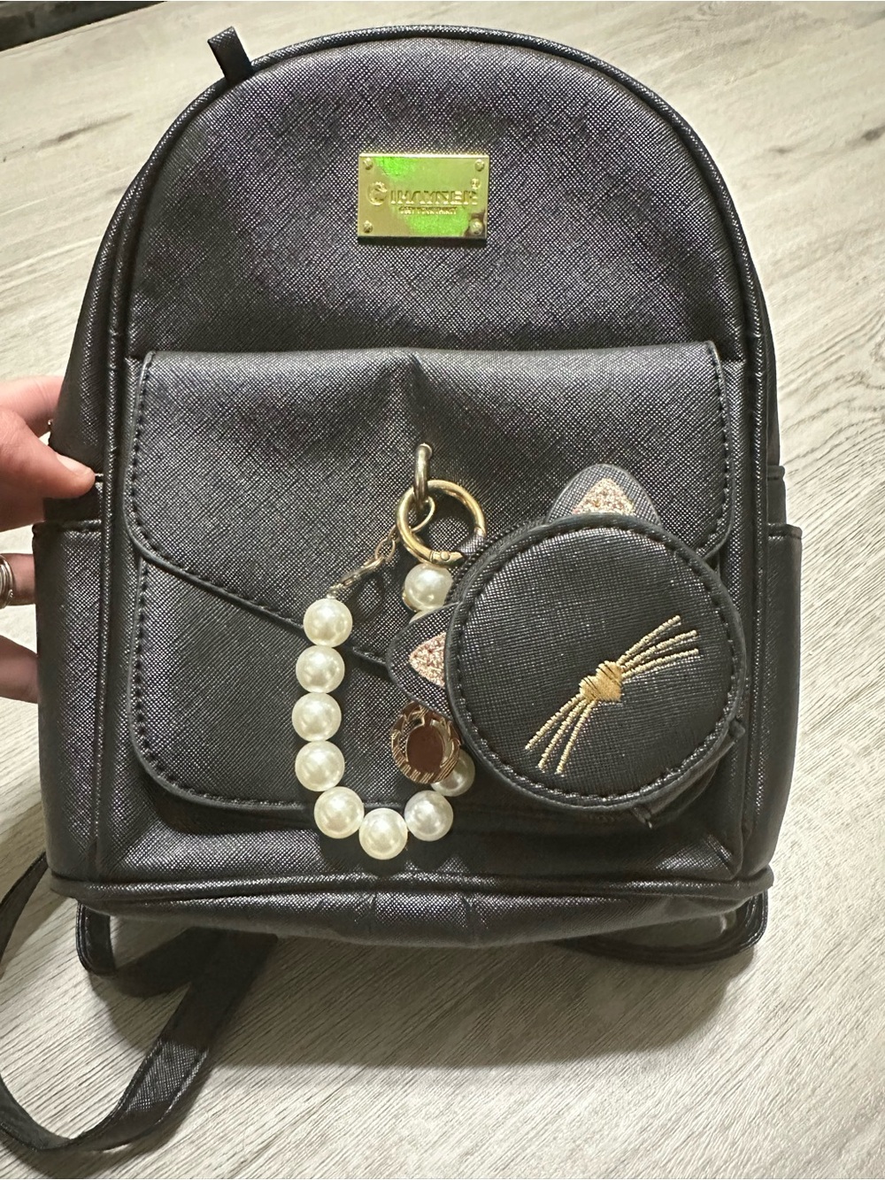 Mini Black Faux Leather Backpack with Cat Charm